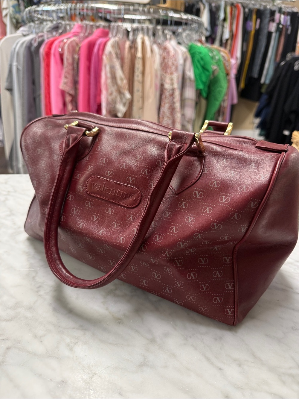 Vintage Valentino Garavani Boston Handbag Vinyl/Canvas All Over Logo Bordeaux